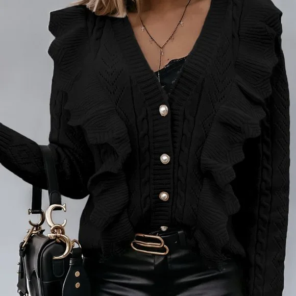 Black Ruffled Buttoned Open Front Knitted Sweater - Picture 3 of 16